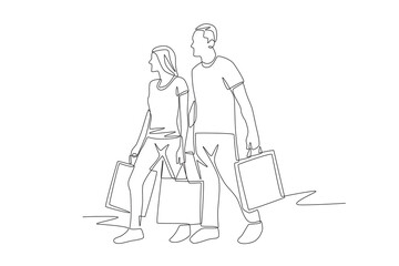 Couple shopping using shopping bags. Couple shopping concept one-line drawing