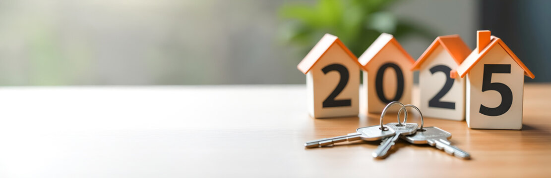 Keys to a new house and wooden models of mini-houses with numbers for the New Year 2025 on the table. The concept of housing, real estate market, investments. Panoramic banner with copy space