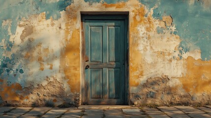 An old door stands in front of an aged wall with peeling paint and cracked plaster, creating the perfect backdrop for rustic designs or vintage-inspired decor