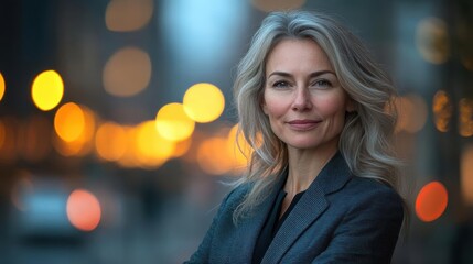 Confident woman in business attire stands on a city street at night, with blurred urban lights in the background, exuding professionalism and success.