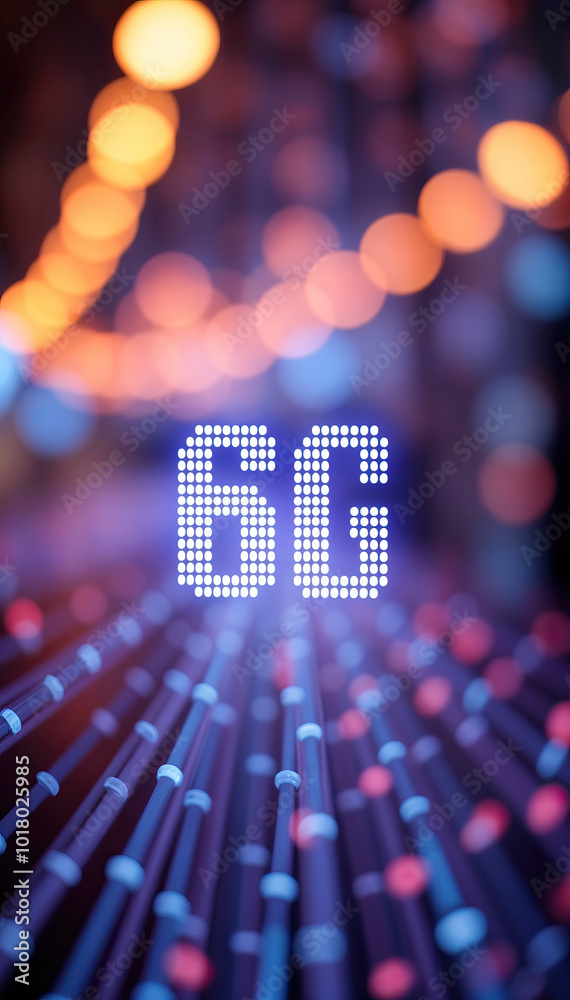 Poster digital futuristic 6g network technology concept with glowing led lights on dark background with bokeh lights vertical format