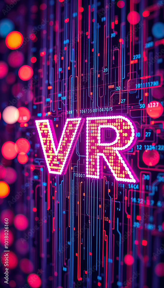 Poster vibrant neon VR letters digital interface futuristic technology concept virtual reality gaming software development bright pink blue glowing lines binary code background
