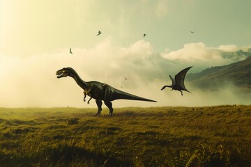 A solitary dinosaur wanders through a misty prehistoric landscape, accompanied by soaring...