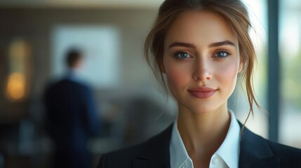 Confident young businesswoman in a professional setting, smiling at the camera, in a modern office environment with a blurred colleague in the background.