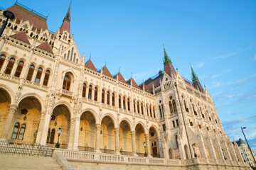 Exterior view of the national parliament in Budapest, Hungary.