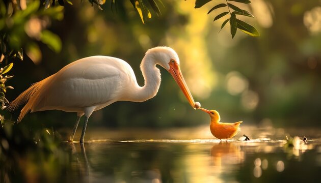 White Bird Feeding Chick by the Water