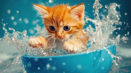 A playful kitten splashes in a blue bowl, creating a lively water scene.