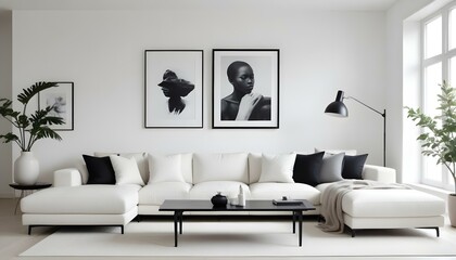Minimalist white Japandi modern living room design with black wall art 