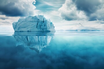 Fototapeta premium A majestic iceberg reflects brilliantly on calm, azure waters, under a dramatic sky with swirling clouds, evoking a serene yet powerful natural beauty.