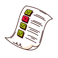 Groovy cartoon test paper list with green check marks and red cross. Funny retro questionnaire checklist page. Quiz, exam mascot, cartoon school test sticker of 70s 80s style vector illustration