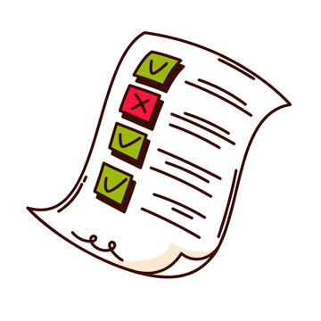 Groovy cartoon test paper list with green check marks and red cross. Funny retro questionnaire checklist page. Quiz, exam mascot, cartoon school test sticker of 70s 80s style vector illustration