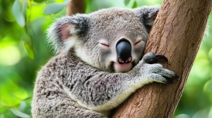 Obraz premium A koala peacefully sleeping while hugging a tree in a natural setting.