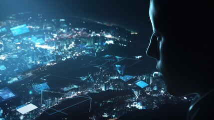 Double exposure of artificial intelligence head and night city view with digital connection, symbolizing the fusion of technological innovation and urban life