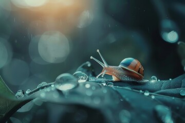 A vibrant snail glides over a dewy leaf, bathed in enchanting light, symbolizing patience and beauty in nature&rsquo;s tiny wonders.