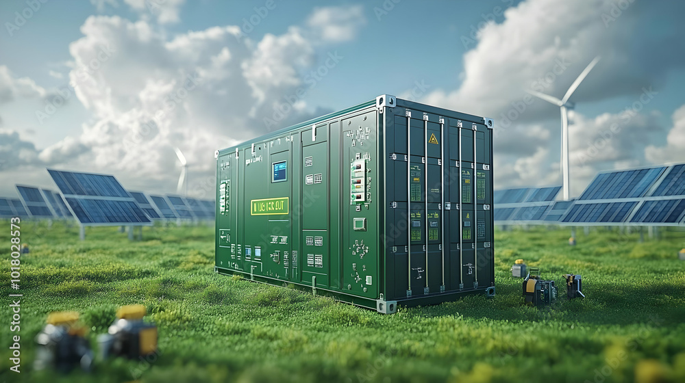 Poster Green energy storage unit among solar panels and wind turbines.