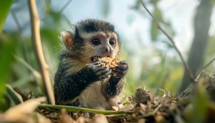 Fototapeta premium Baby Monkey Eating in the Forest