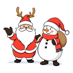 Santa Claus with Snowman in Christmas Scene, Isolated on Transparent Background, PNG