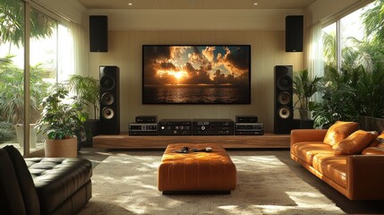 Cozy living room with a large TV and audio setup for entertainment.