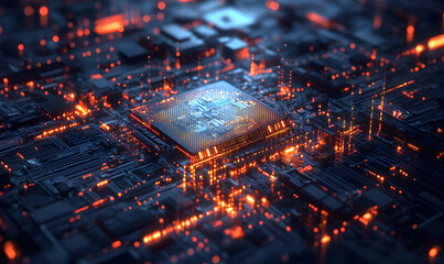 Futuristic AI Chip with Neon Circuits and Dynamic Data Streams in High-Tech Digital Environment