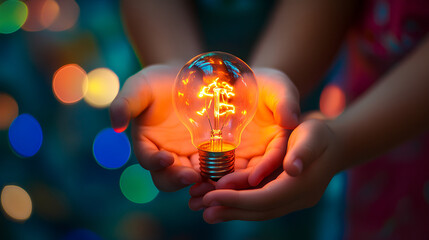 Children's hands holding a glowing light bulb.