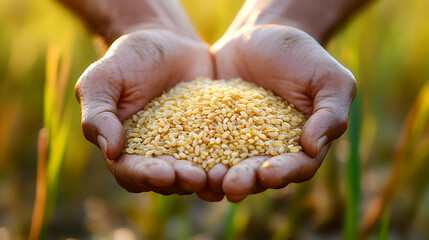 Hands holding a mound of yellow grains in a field.