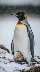Obraz premium An emperor penguin stands on snow, guarding its egg amid falling snowflakes.