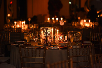 Beautiful tables with candle lights in a ballroom