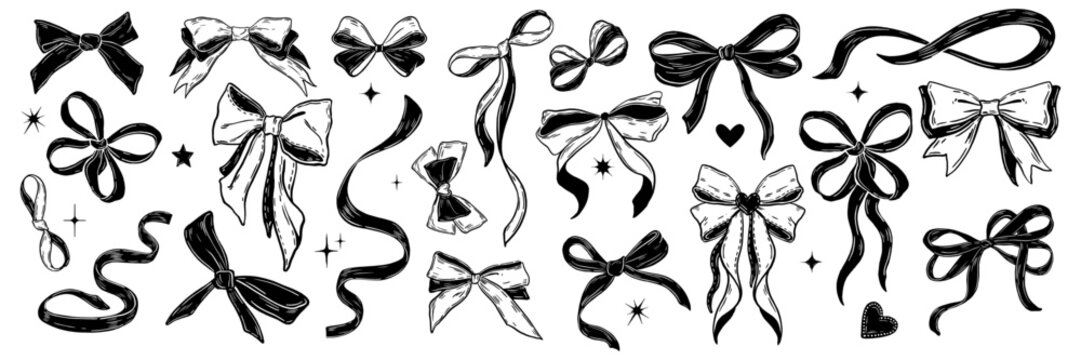 Ribbon bow icon set, vector coquettish cute knot, romantic love doodle vintage accessory collection. Holiday gift decoration silhouette, birthday elegant design element. Feminine Valentine ribbon bow