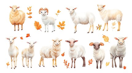 Adorable Watercolor Sheep Surrounded by Colorful Autumn Leaves