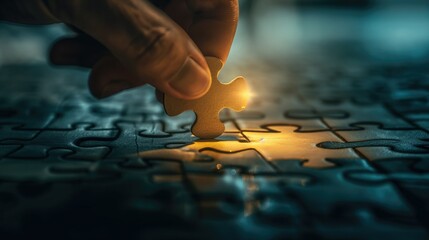 Close up of businessman hand connecting jigsaw puzzle piece