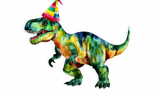 Celebratory dinosaur with party hat on white background