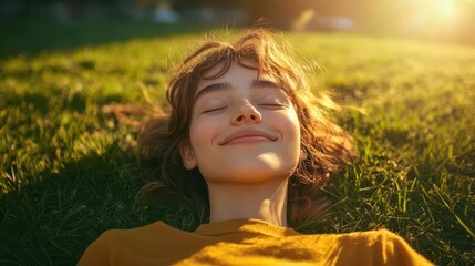 Obraz premium A young girl lying on grass, smiling peacefully, basking in the warm glow of sunlight during a serene outdoor moment.