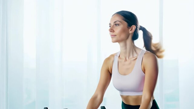 A woman exercises on an exercise bike at home, training in a cozy home environment.
