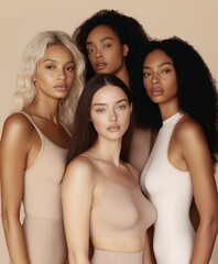 Fototapeta premium A group of natural women with different body types pose in bodysuits of neutral colors. They demonstrate affection, confidence and calmness. A symbol of unity and collective growth, global diversity