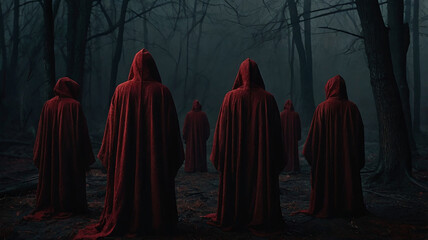 Naklejka premium Dark, eerie illustration of faceless figures in red robes, with shadowed, empty faces, creating a mysterious and unsettling atmosphere using dark red and black tones.