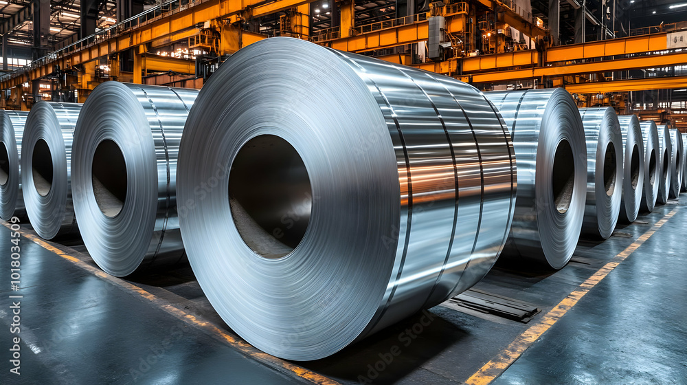 Wall mural Industrial scene featuring large rolls of metal in a factory setting.