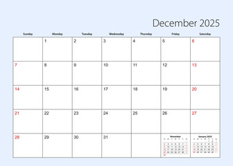 Wall calendar planner for December 2025. English language, week starts from Sunday.