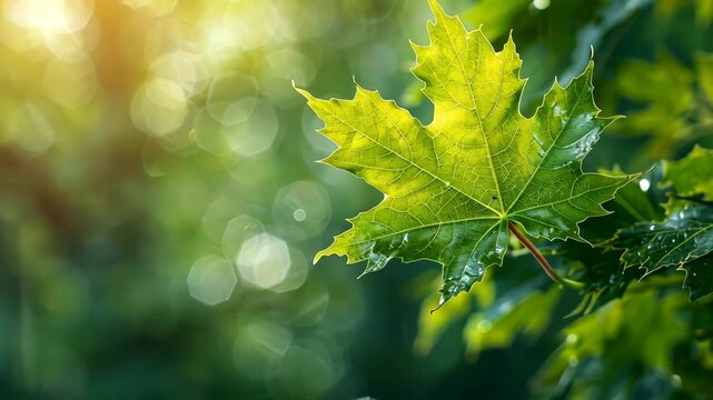 A single maple leaf glistens with dew drops in the morning sunlight