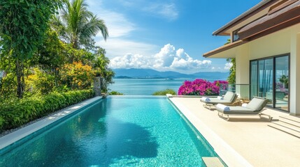 Fototapeta premium Beachfront villa with a serene pool and panoramic ocean view, no people. Room for text in the surroundings.