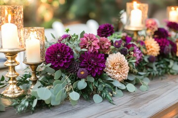 fall wedding decor, fall garden wedding table decor with deep plum dahlias, eucalyptus garlands vintage brass candle holders, evoking bohemian chic vibe