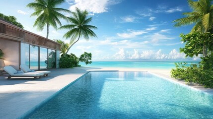 Fototapeta premium Beautiful beach villa with a serene pool and ocean view, no people. Open space for copy above the villa.