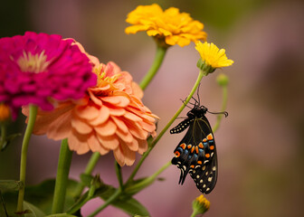 Female Black Swallowtail hanging from yellow flower in the garden in summer