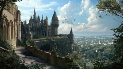 Naklejka premium Beautiful European castle with intricate architecture, no people. Ample copy space in the foreground.