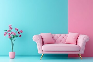 Bright living room with pink and blue decor.