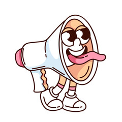 Groovy megaphone cartoon character with tongue hanging out. Funny retro loudspeaker with funky face. Announcement of game, quiz mascot, cartoon megaphone sticker of 70s 80s style vector illustration