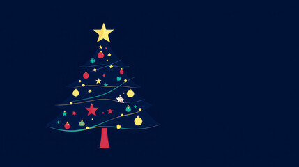 Christmas tree with lights on a blue background, New Year's background, Christmas tree toys hanging on the branches of a fir tree, flickering on an abstract background, banner, drawing, place for text