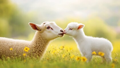 Obraz premium Lambs Kissing in a Field of Flowers