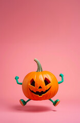 zucca salta felice su fondo neutro. auguri di halloween