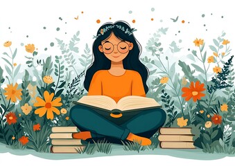 a child sitting on a pile of books with her legs crossed

