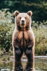 Obraz premium A standing bear in shallow water surrounded by greenery, showcasing wildlife in nature.